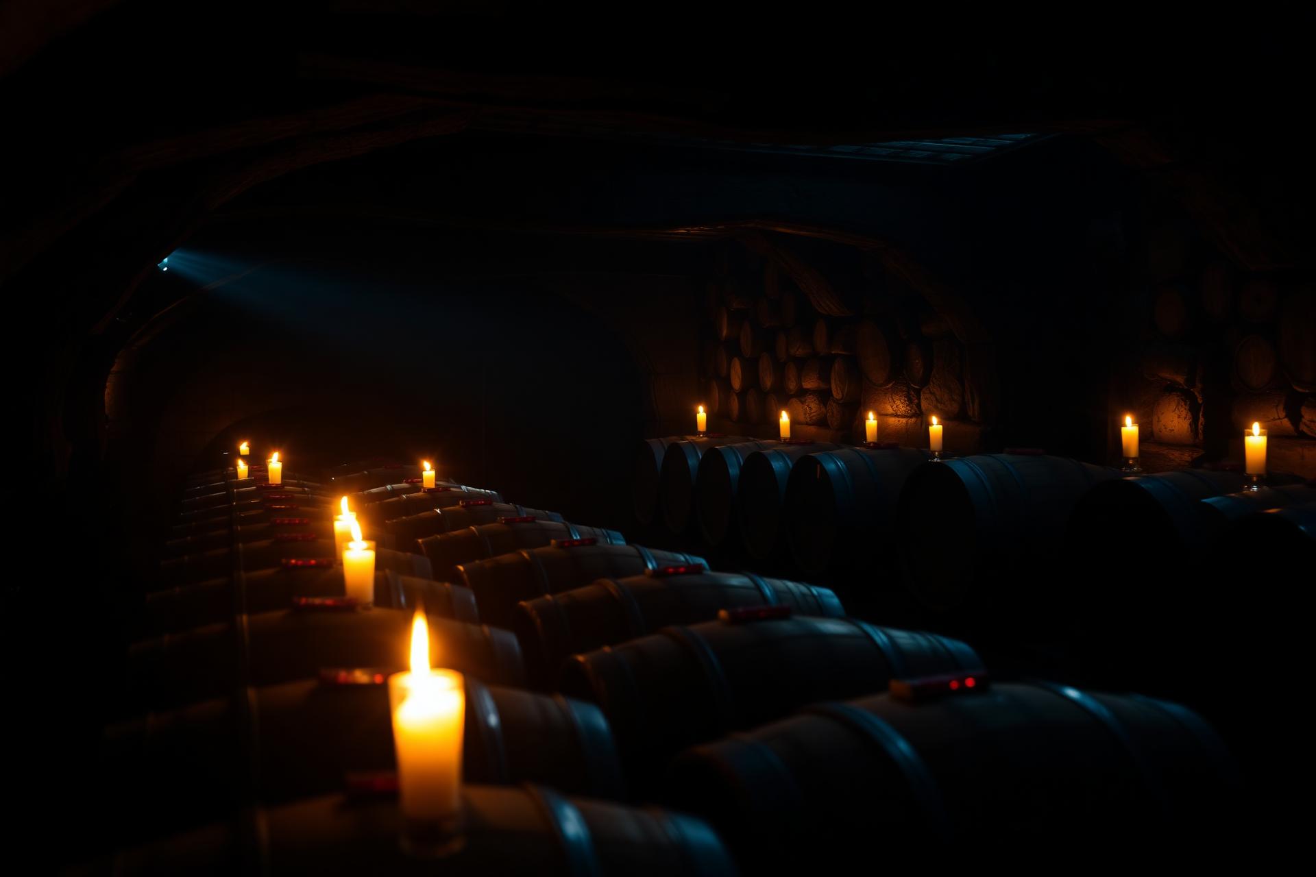 Atmosférický vinný sklep s dubovými sudy osvětlený svícemi